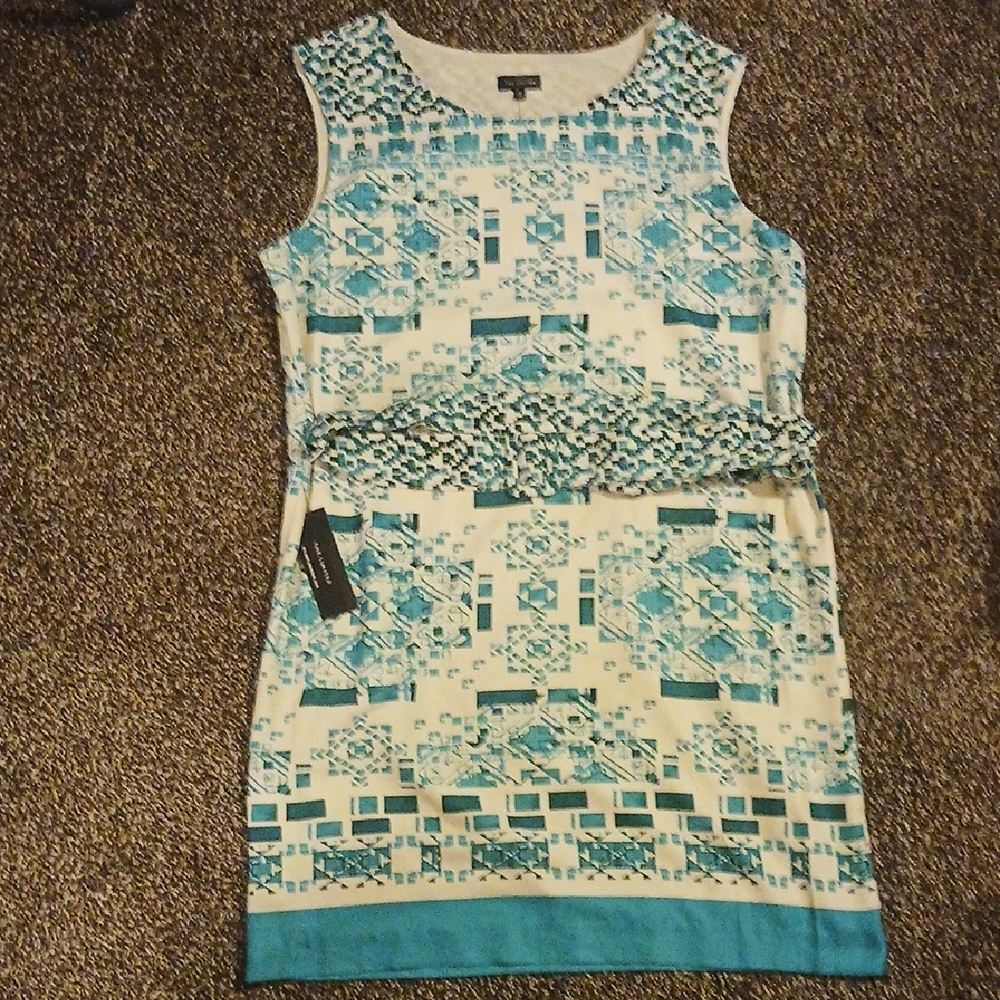 Geometric Teal and White Mini Dress